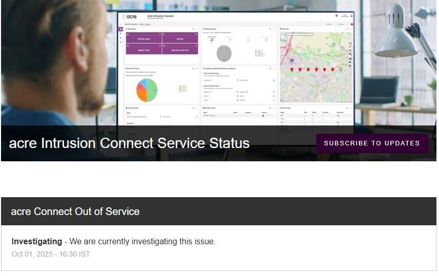 Algemene storing van de SPC ACRE Intrusion connect app